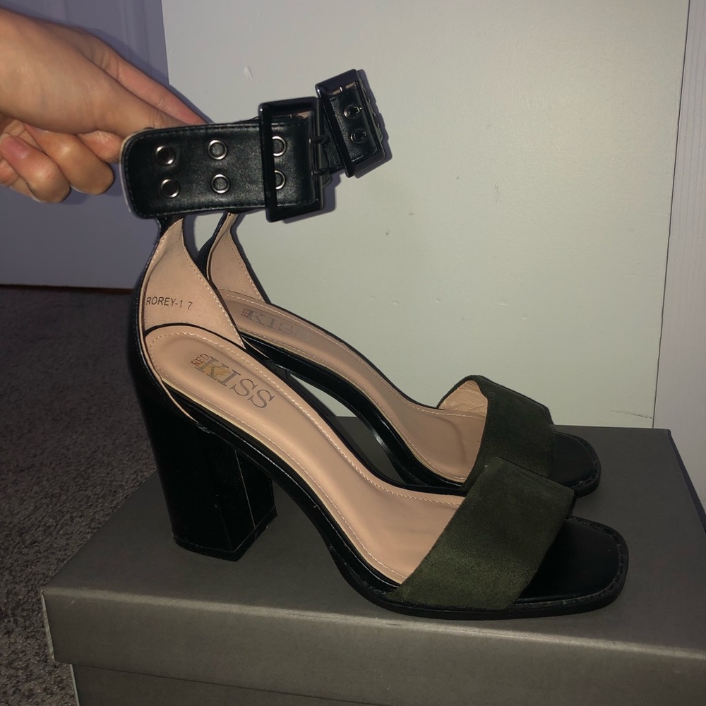 Square toe block heeled sandals with green front and ankle straps